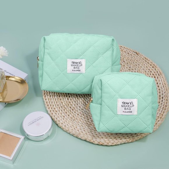 MAANGE Women Cosmetic Purse Corduroy Makeup Pouch Cute Makeup Bag Green 2Pcs - Picture 5 of 6
